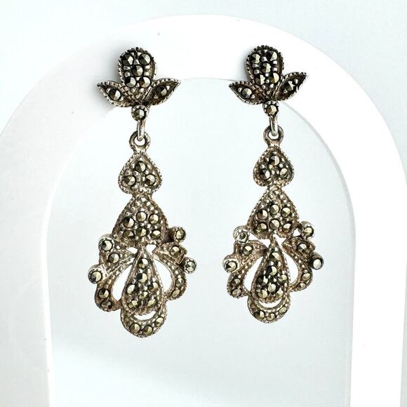 Vintage Marcasite Filigree Dangle Earrings Gatsby Glam Art Deco Elegance Retro - Picture 1 of 9